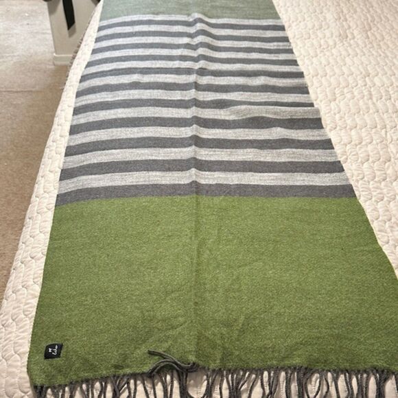 Echo Wool Blanket Scar Wrap Soft Neck Warmer Fringe Stripe Green Grey Fall Warm - Picture 2 of 5